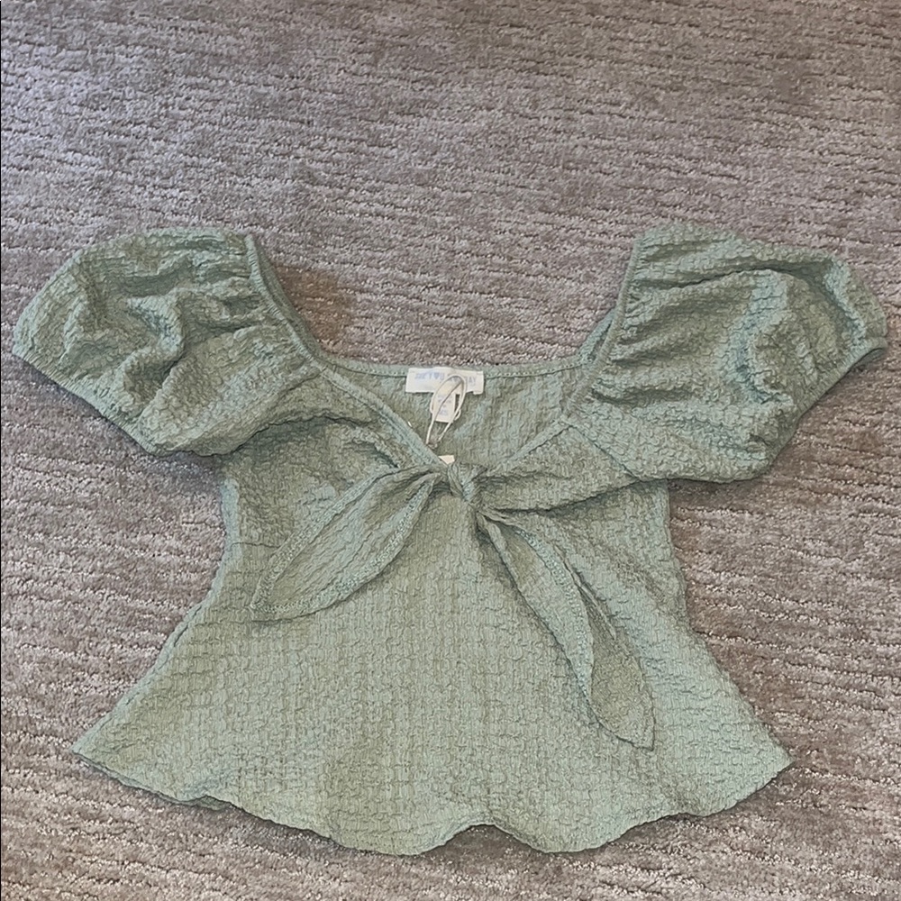 Green Puff Sleeve Blouse with Tie Front
